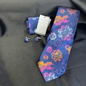 NWT- Silk Floral Patterned Tie Set in Blue and Pink